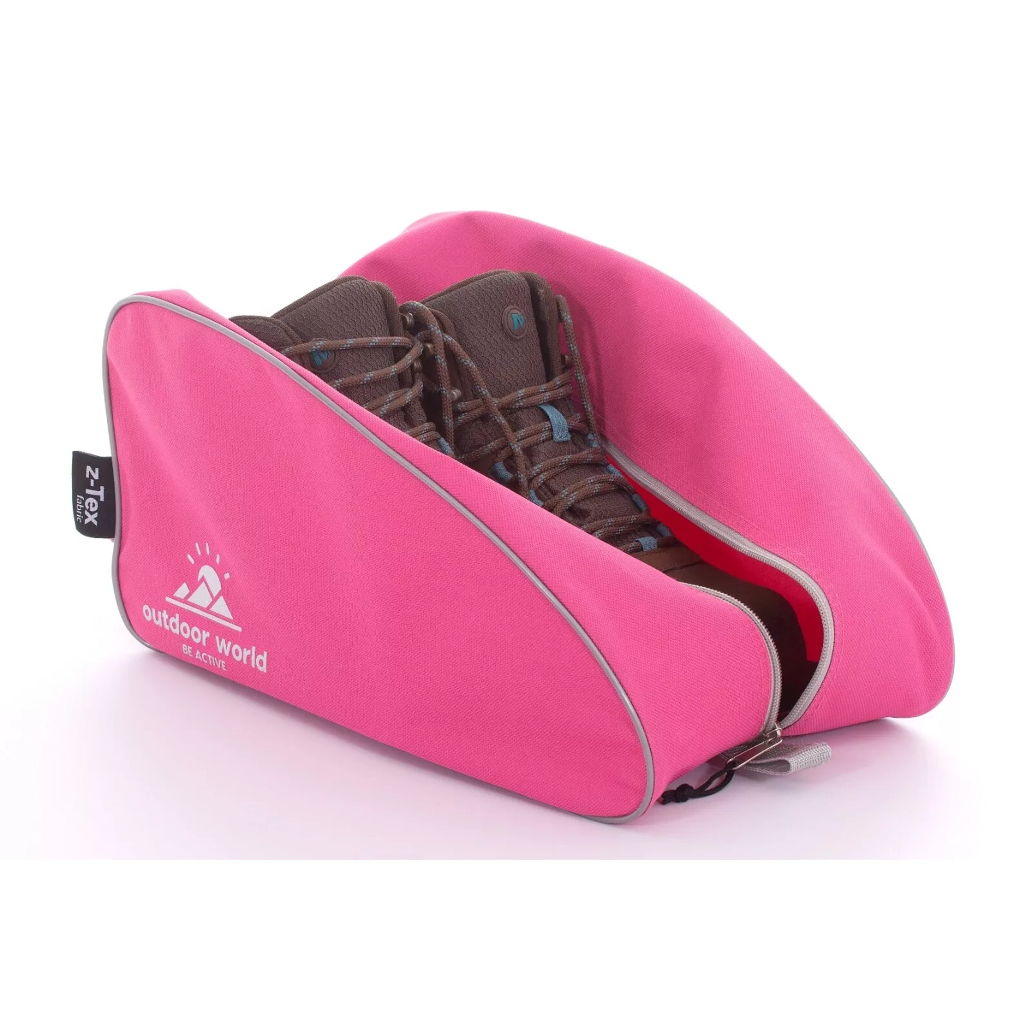 Outdoor World branded waterproof boot bag in pink with 2-way zip, strong carry handle, and durable 600D fabric ā ideal for hiking, sports, and travel